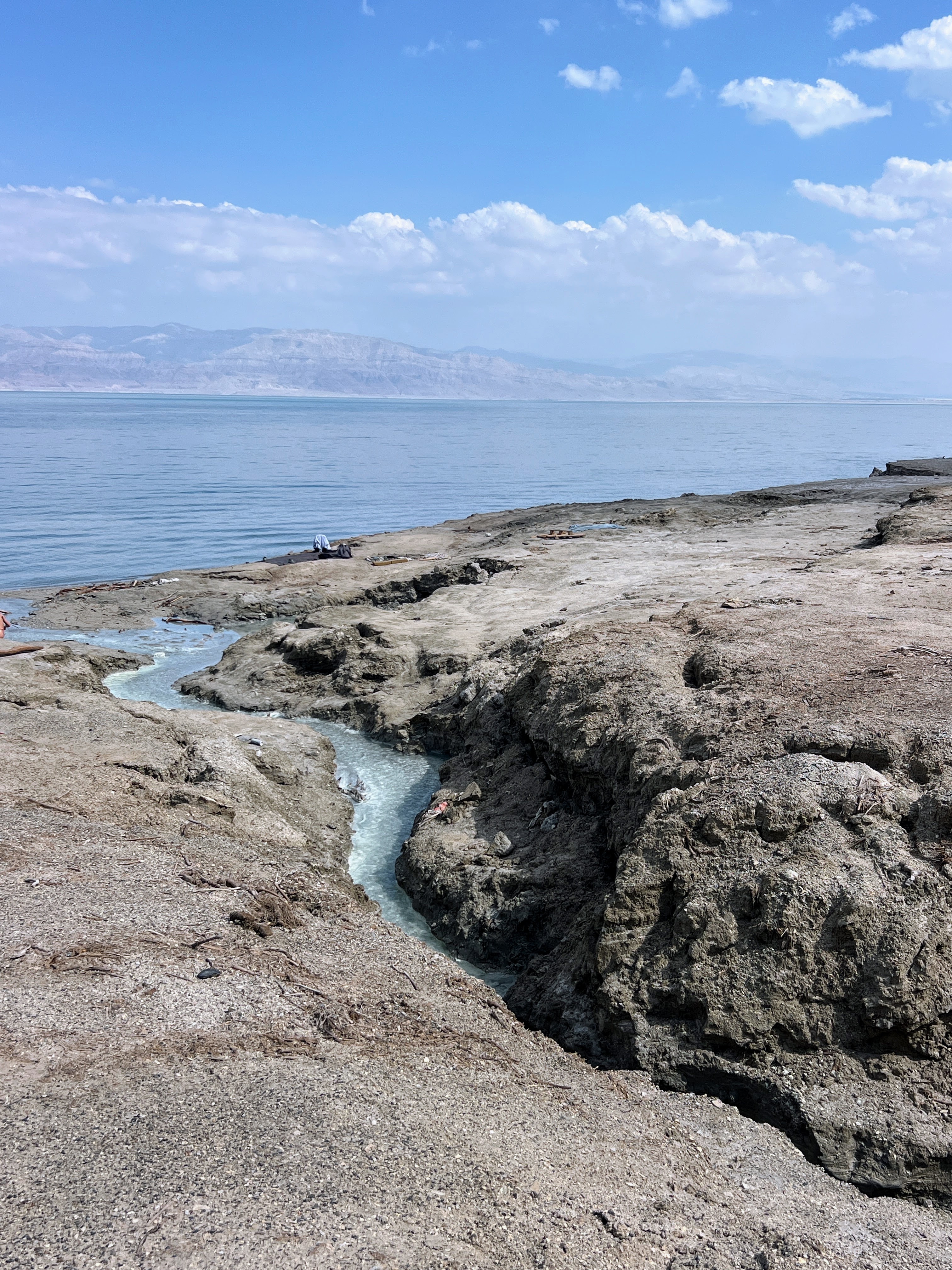 Warm mineral water channel through rocky shore at the edge of the Dead Sea, Jordan mountains across