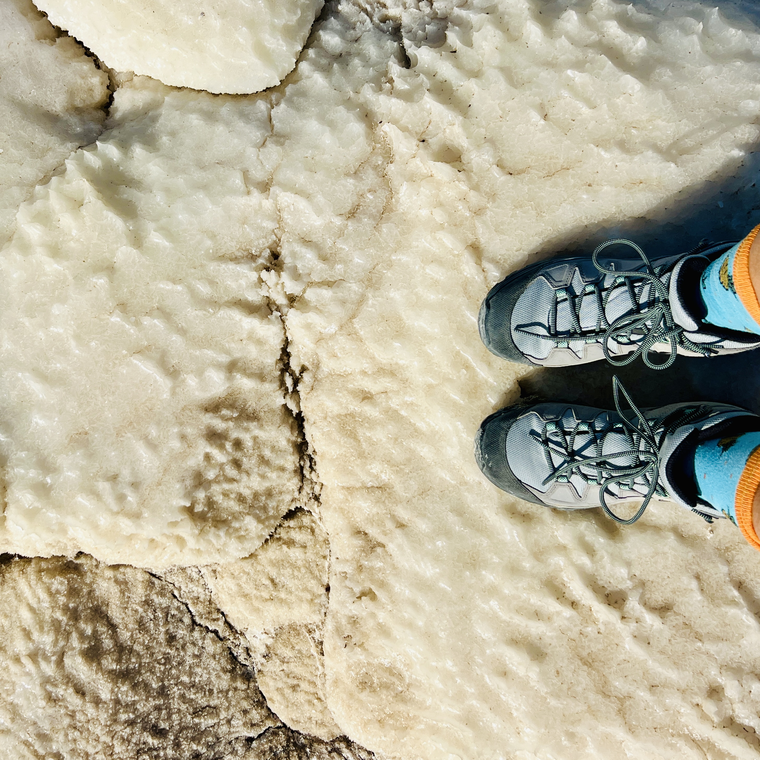 Hiking boots standing on white Dead Sea salt flats