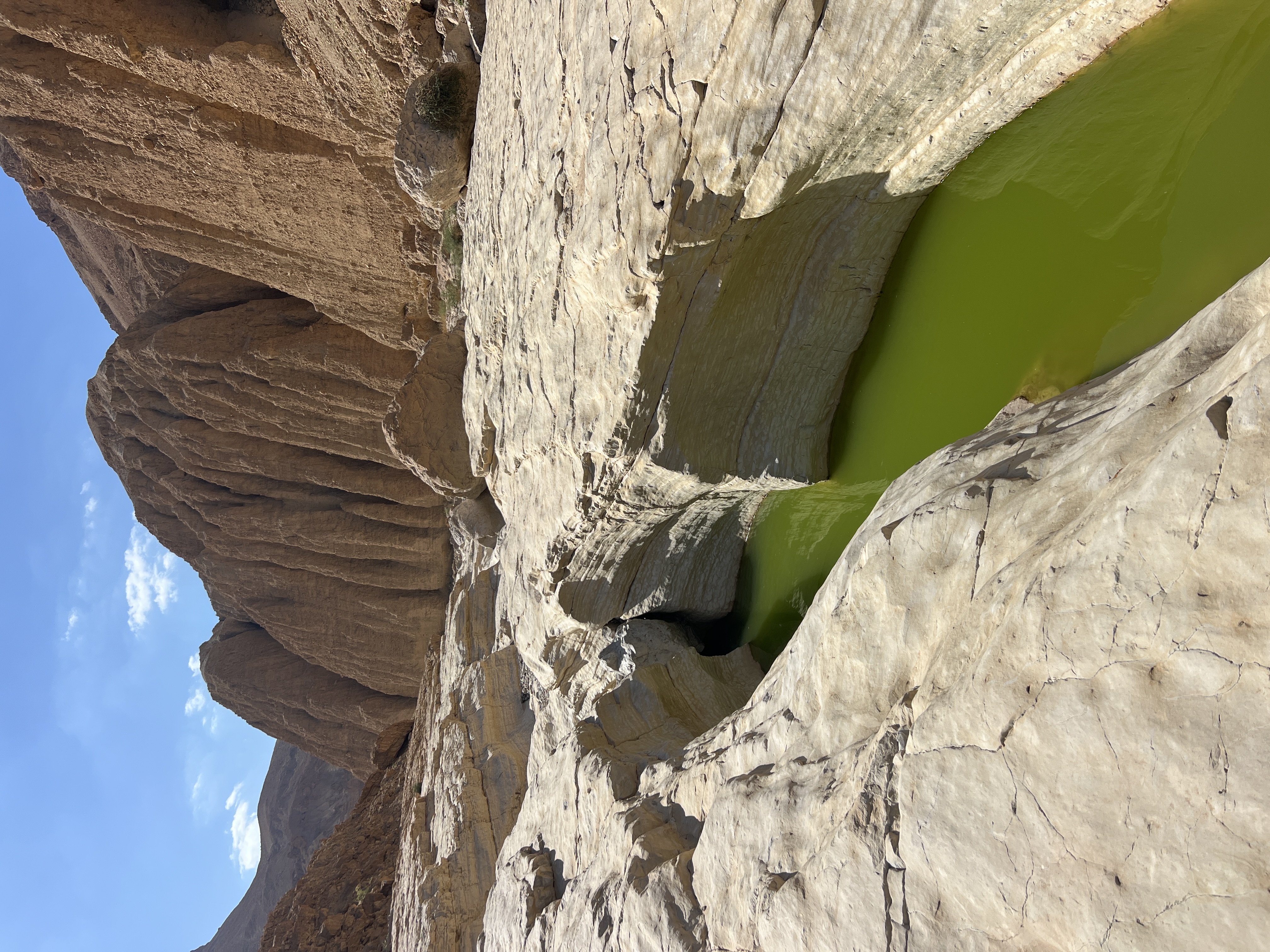 Green natural pool viewed from above between canyon walls, Ein Namer